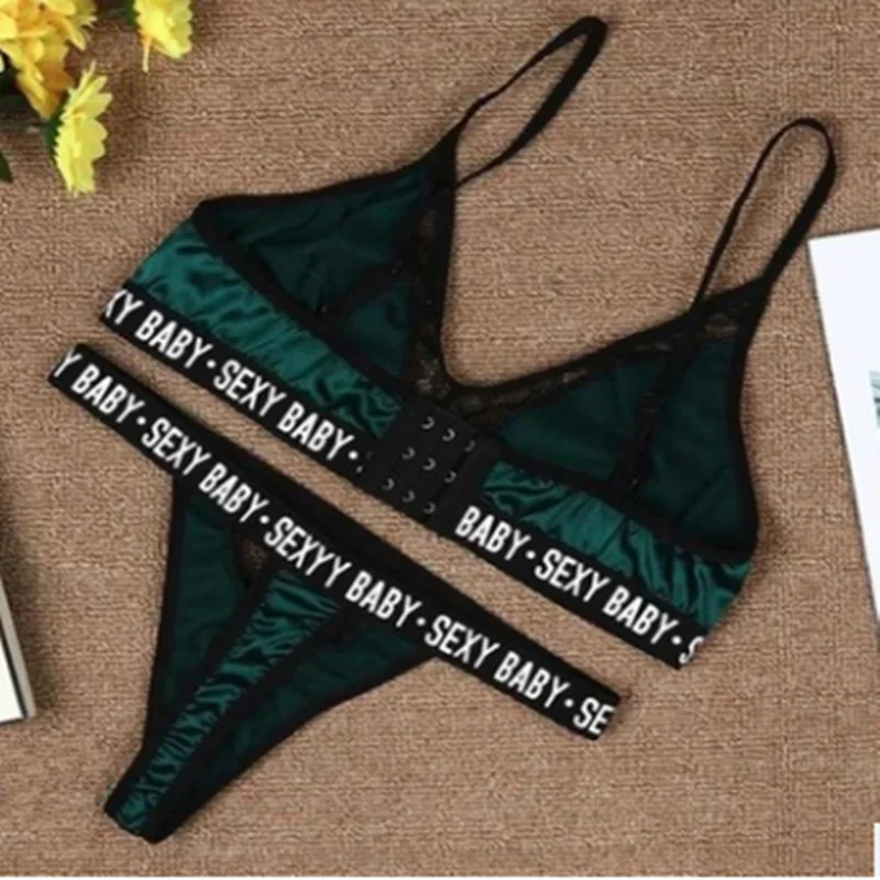 Ensemble de sous-vêtements sexy pour femmes, soutien-gorge et culotte, bralette, lettre imprimée, dentelle, patchwork