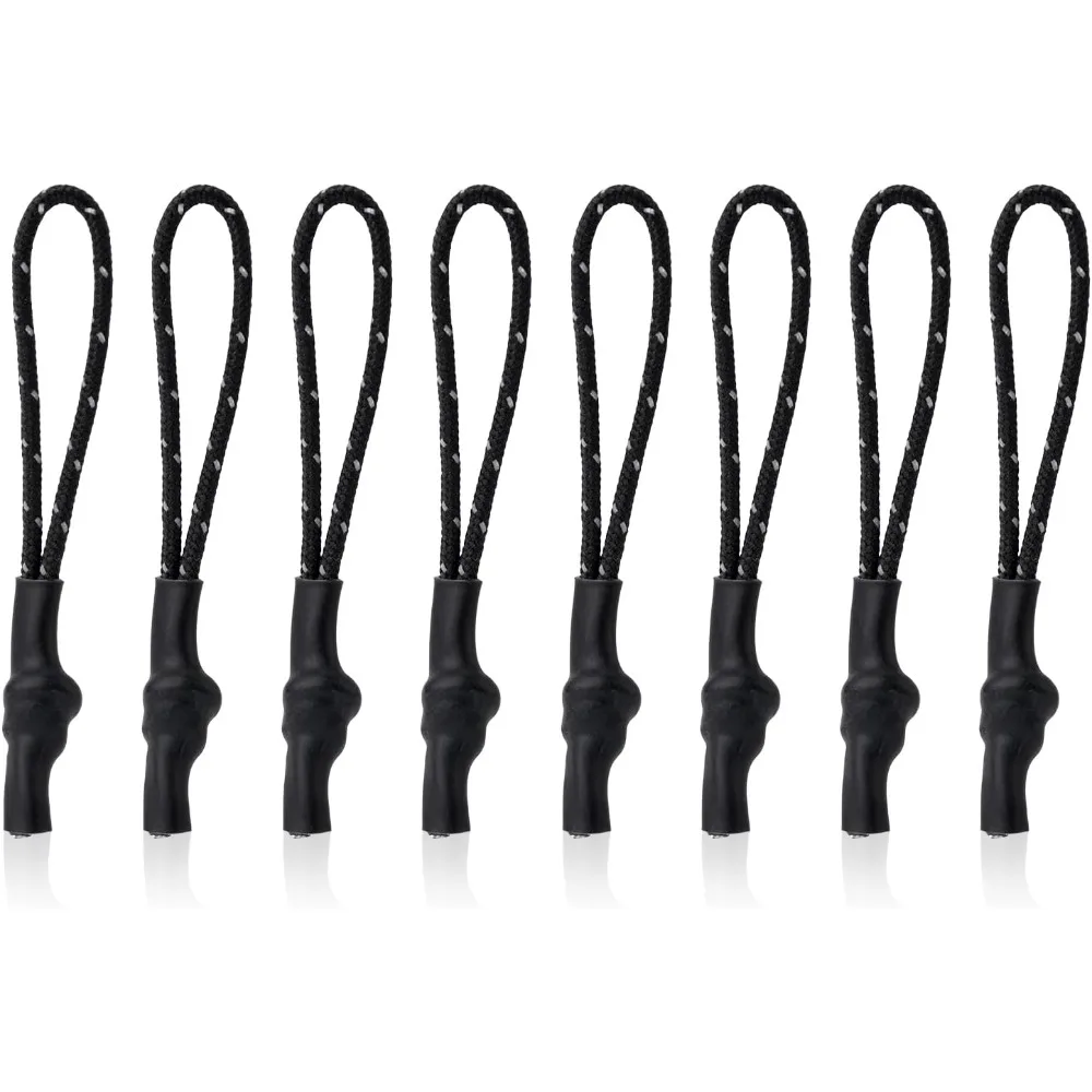 

8-Piece Nylon Reflective Zipper Pulls - Black Replacement Tags with Cord for Bags and Purses