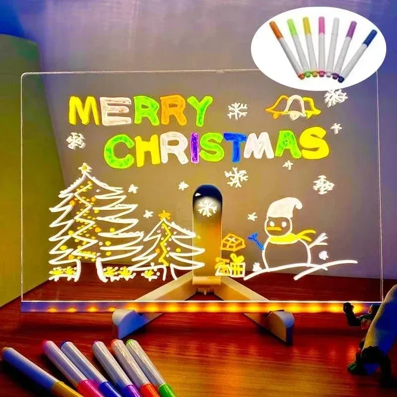 LED Light Drawing Board Acrylic 7 Color Markers Erasable Tablet Kids DIY Toy Transparent Magic Pad with Pen Holder Birthday Gift