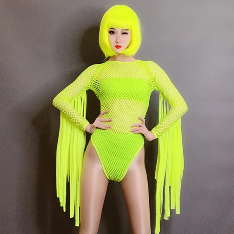 Fluorescent Green Net Bodysuit Exaggerated Long Tassel Gogo Dance Costume Pole Dance Singer Clothes Women Dj Stage Wear DNV16538