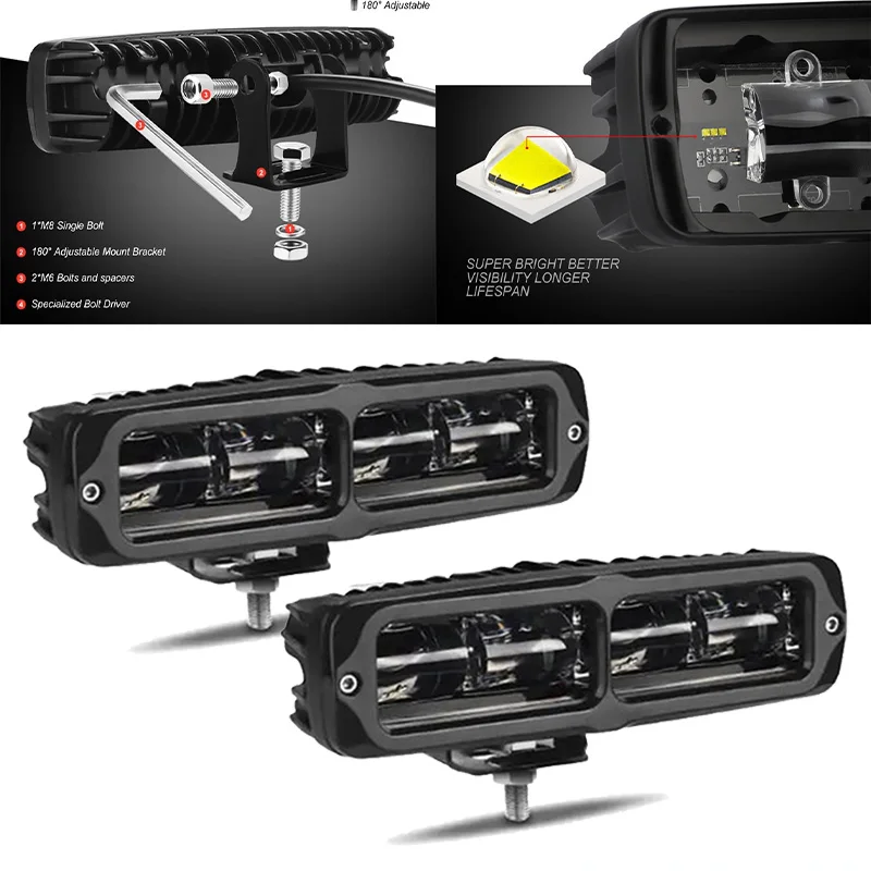 12-80V Dual Lens LED Work Light Auxiliary Fog Lamp Offroad SUV Truck Bumper Roof Driving Light Waterproof Motorcycle Spotlight