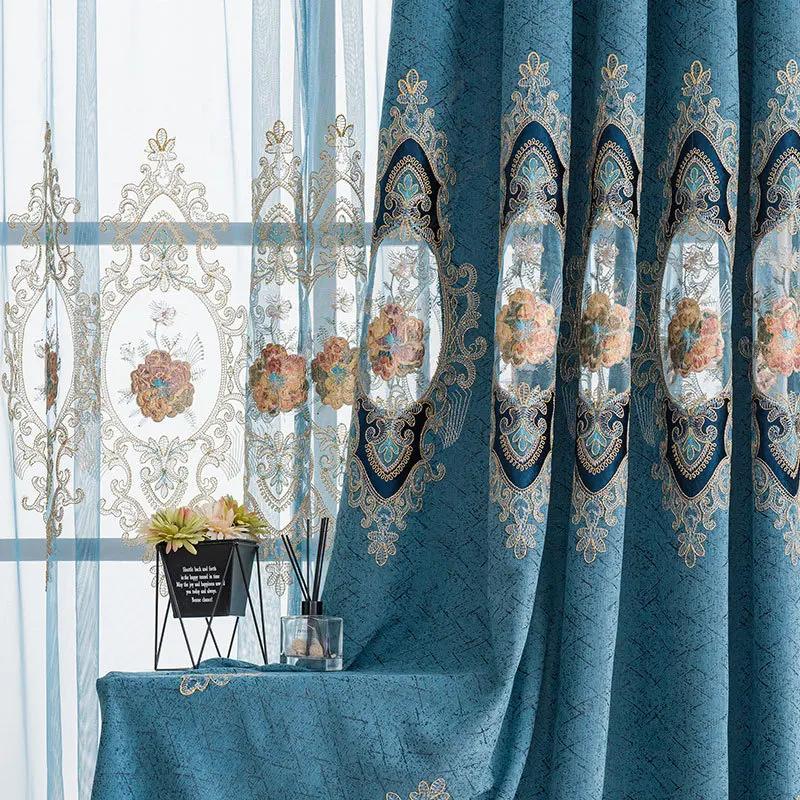 Luxury Chenille High Quality Blue Green Purple Curtains For Living Room Bedroom Study Room Gold Thread Embroidered Curtains