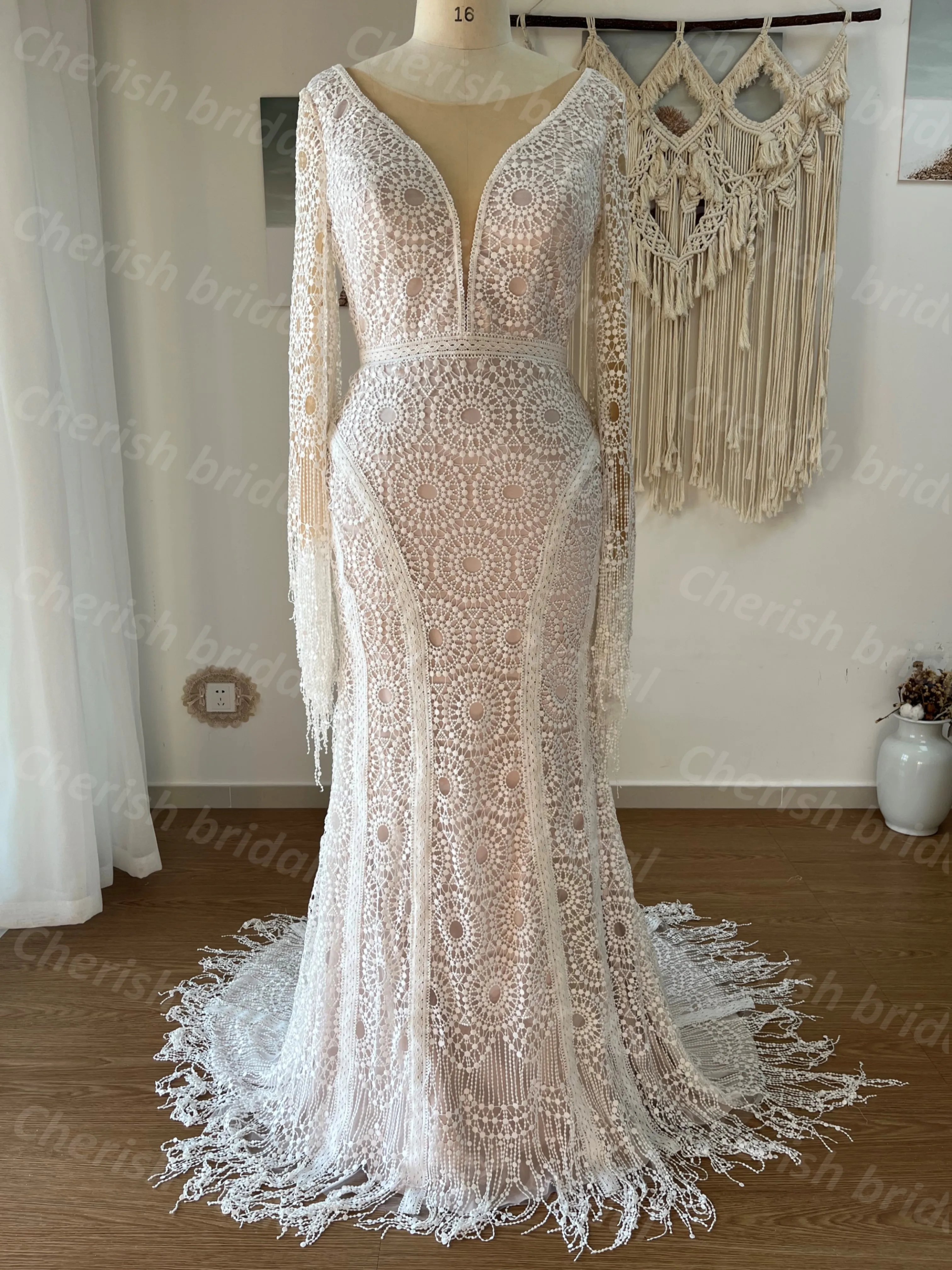 

C3038M Long Sleeve BOHO Mermaid Wedding Dress, V-back Bride Dress Bridal Gown