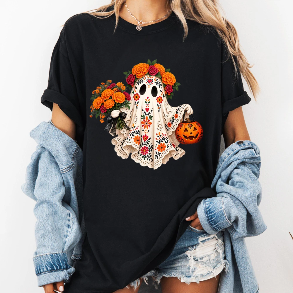Lace Ghost Shirt Mexican Halloween Dia De Los Muertos Tee Marigold Floral Spooky Shirt Funny Festival Graphic Short-sleeve Tops