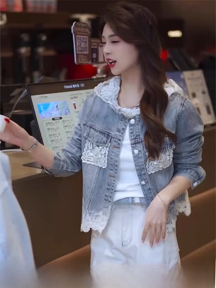 

Women's ort Denim Jaet Lace Patchwork Spring Autumn Top Tag Removed Design Commute Sle round Ne Button Closure