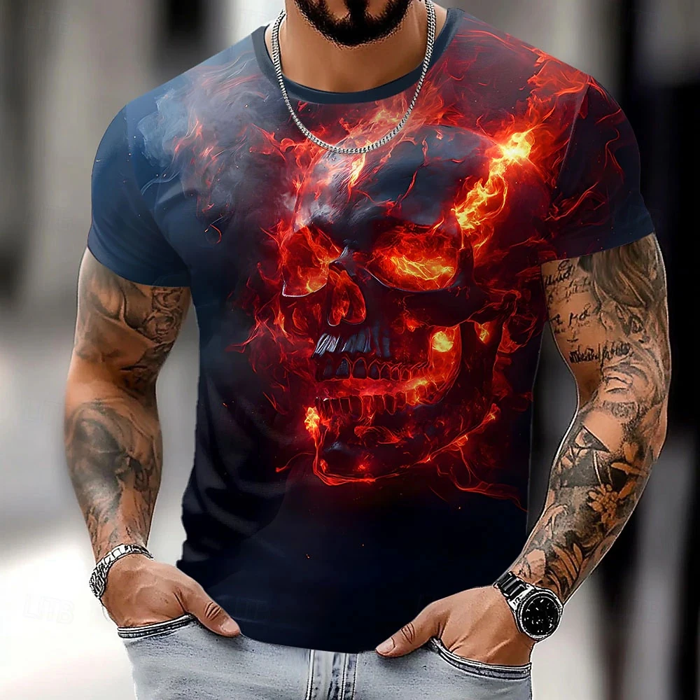 Halloween T-shirt Clothing Fashion Flame Skeleton Graphic Print T-shirts Trendy Street Men's Short Sleeve Tee Large Size T Shirt