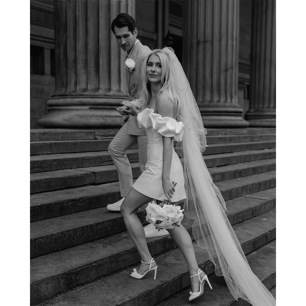 

Bowith Boho Short Wedding Dresses Boat Neck Pleats Bridal Dresses Customized Off the Shoulder Mini Wedding Party Dresses