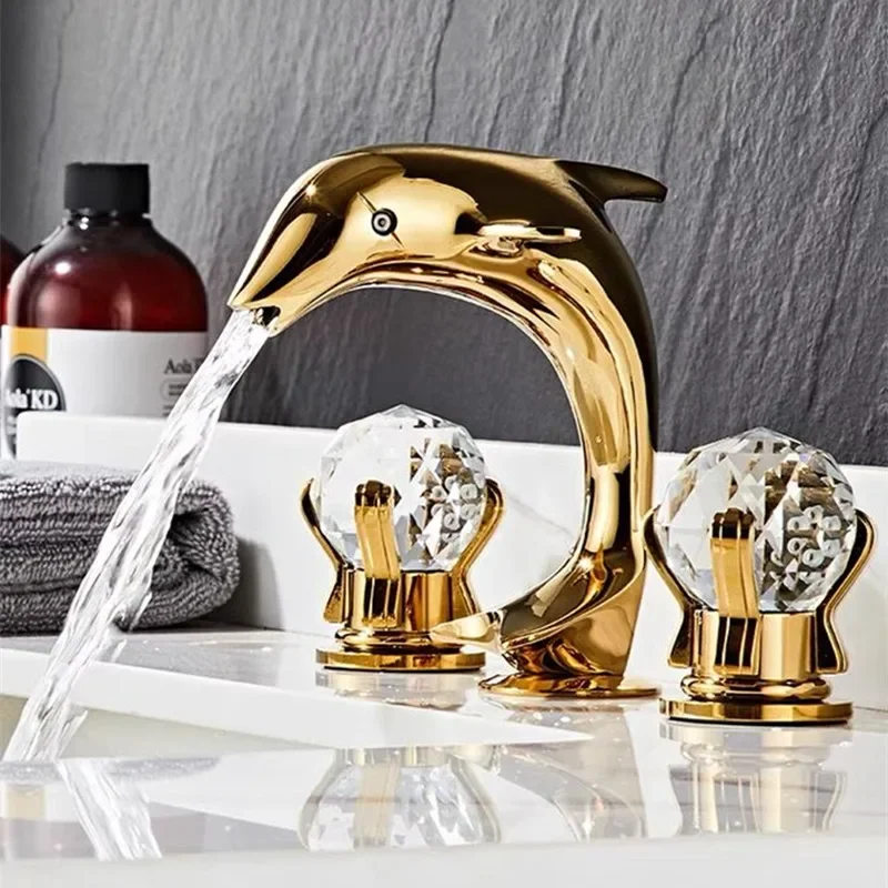 Gold Basin Total Brass Nickel Dolphine Bathroom Widespread Sink Faucet 3 Hole Hot And Cold Black Water Tap