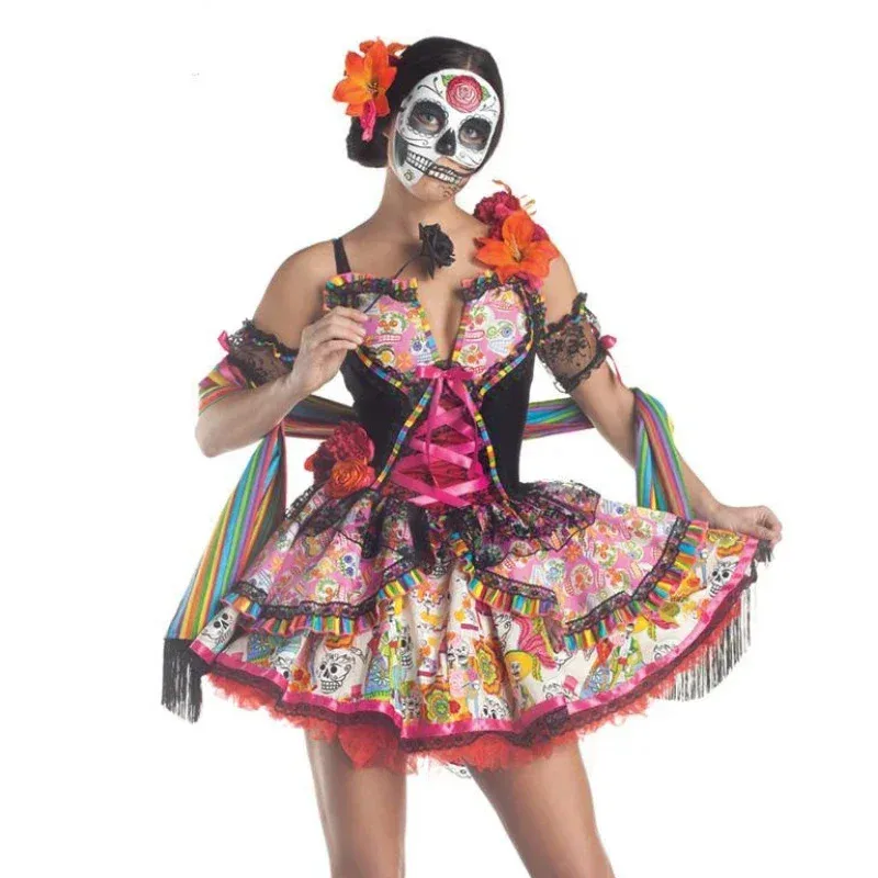 Halloween Printed Skull Skirt Ghost Festival Makeup Party Elves Flower Fairy Dress Dead Day Role Playing Vampire Bride Costume