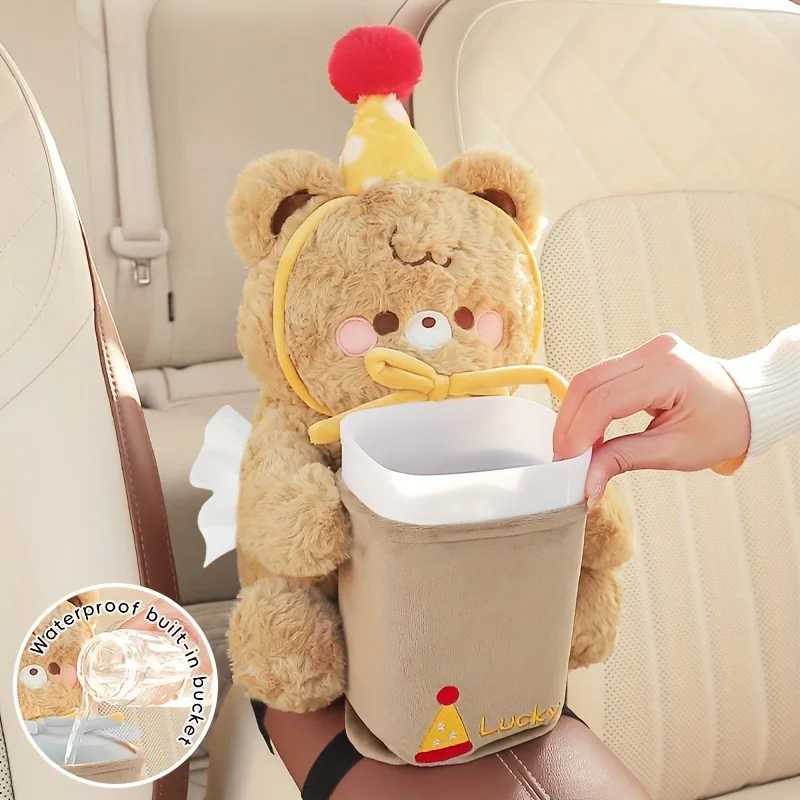 

Cute Car Trash Can with Tissue Holder Teddy Bear Tissue Box Stuffed Animal Organizer Plush Doll Creative Accessories for Women