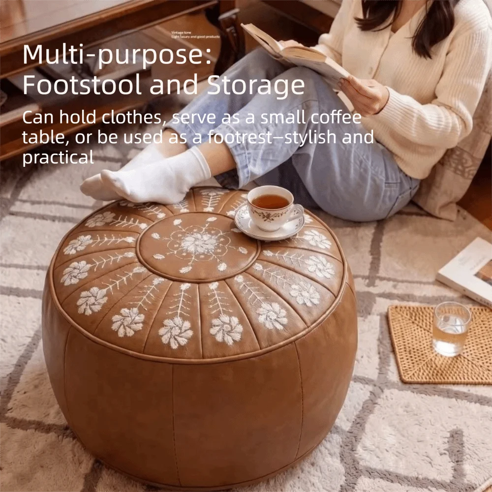 Round Seat Cushion Cover Large Capacity Embroidery Sofa Stool Cover Waterproof Unstuffed Storage Leg Bench Living Room Use