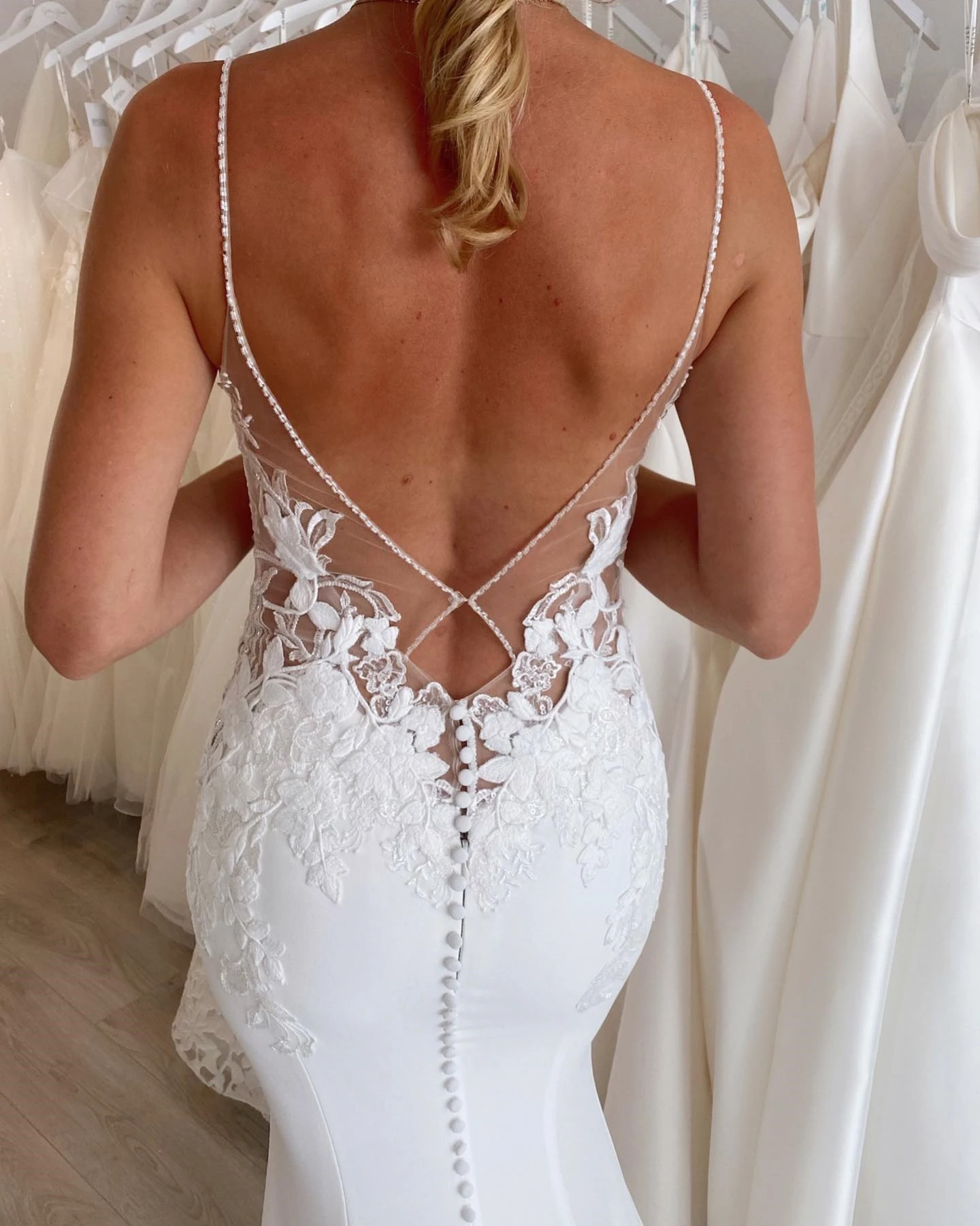 FATAPAES Customized Wedding Dress Spaghetti Straps Framing Deep V-neck Bodice Low Illusion Lace Back Layers Tulle Cap Tail Long