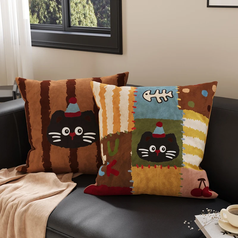 Retro Cartoon  Pillow Cute Sofa Living Room Bedroom Backrest Office Chair Support Pad Square PP Cotton Filling Removable C...