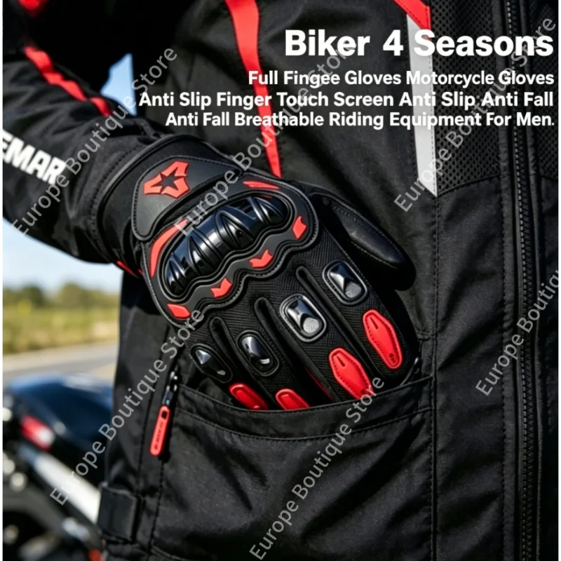 

2026 NEW Anti Slip Anti Fall Touch Screen Motorcycle Gloves Men 4 Seasons Full Finger Breathable Biker Riding Equipment