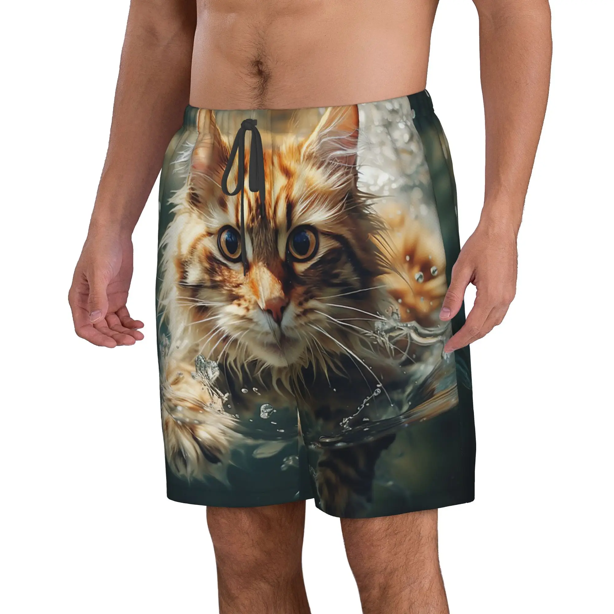 Orange Cat Swimming In The Water Trunks Beach Board Shorts Casual Quick Dry Swimming Summer Men Pants