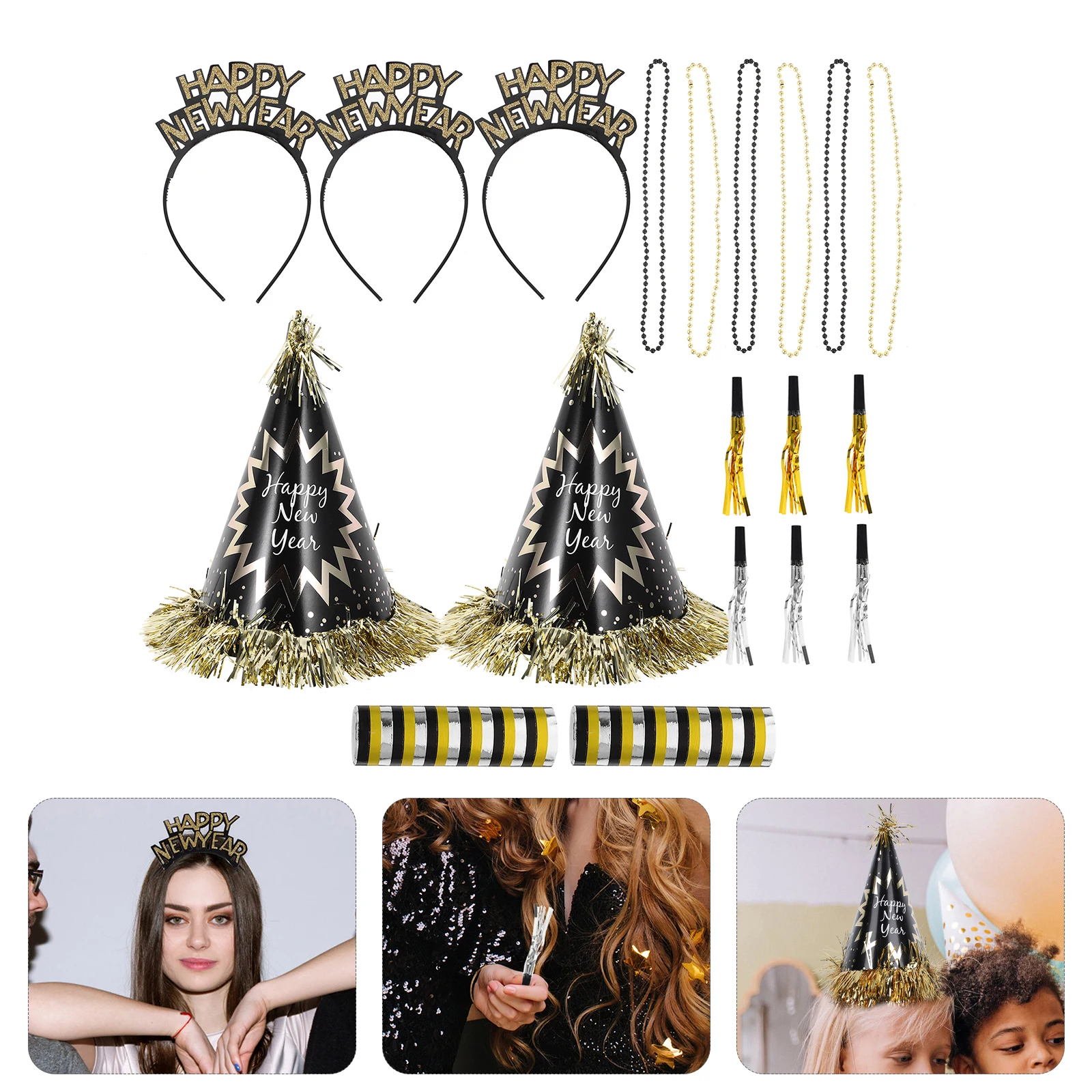 

2024 New Year Party Hats Noise Makers Bead Necklaces Lightweight Paper Decorations Bulk Pack For Adults Eve Celebration Supplies