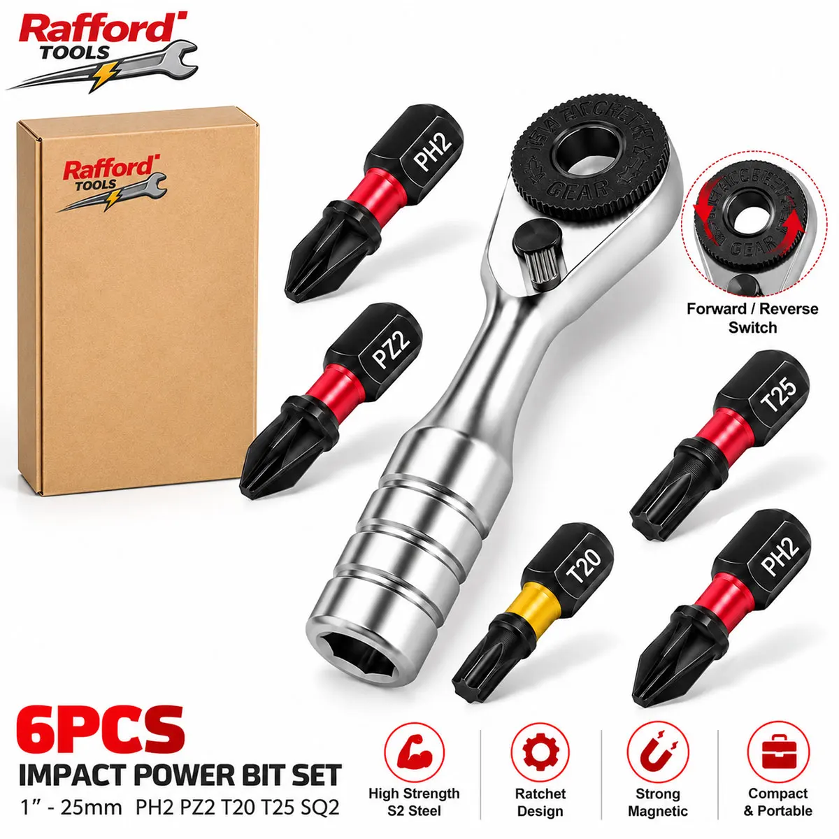 Rafford 6-teiliges Mini-Ratschenschlüssel-Schraubendreher-Bit-Set 1" S2 Schlagbits PH2 PZ2 T20 T25 SQ2 Phillips Torx Reparaturwerkzeug