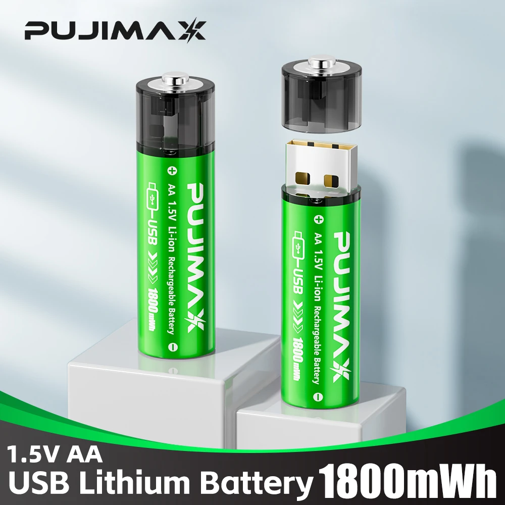PUJIMAX 1800mWh 1.5V AA Li-ion Battery 2A USB Port Charging Lithium Rechargeable Batteries for Remote Control Mouse Electric Toy