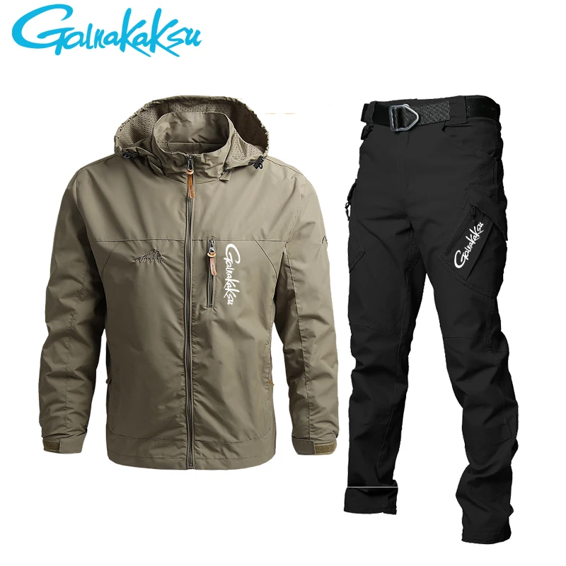 Men's Waterproof Hooded Jacket and Pants Suit, Casual Fishing Jacket, Outdoor Sports, Hiking, Summer, Autumn, New