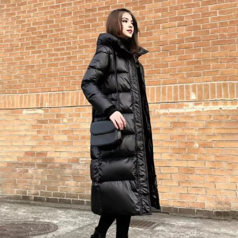 Winter Women Down Coat Solid Color Neck Zipper Closure Hooded Parkas Mid length Cold Weather Pockets Cotton Jacket