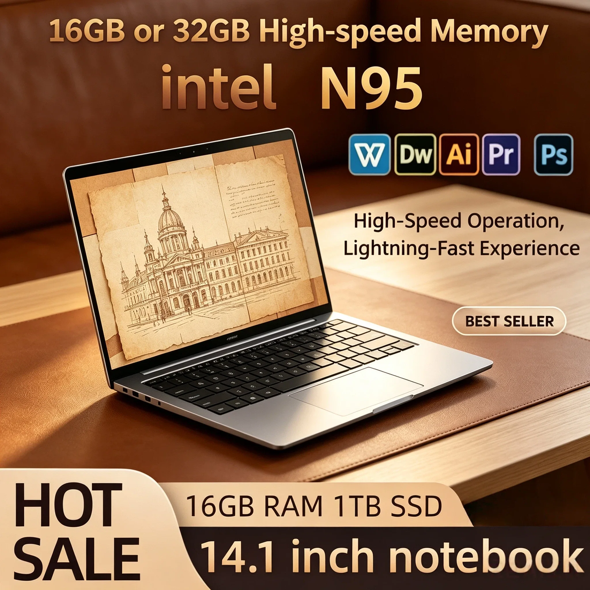 N95 Intel 14.1 Inch Laptop 4C4T 3.4GHz 15W 6MB Cache 32GB RAM 1TB 2TB SSD 1920x1080 Portable Notebook Office Study PC Pro Prime