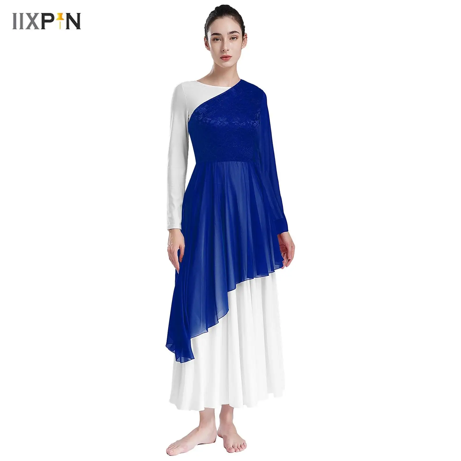 

Women Praise Dance Dress Asymmetrical One Shoulder Flared Sleeve Loose Fit Church Liturgical Robe Tunic Dress Lyrical Dancewear