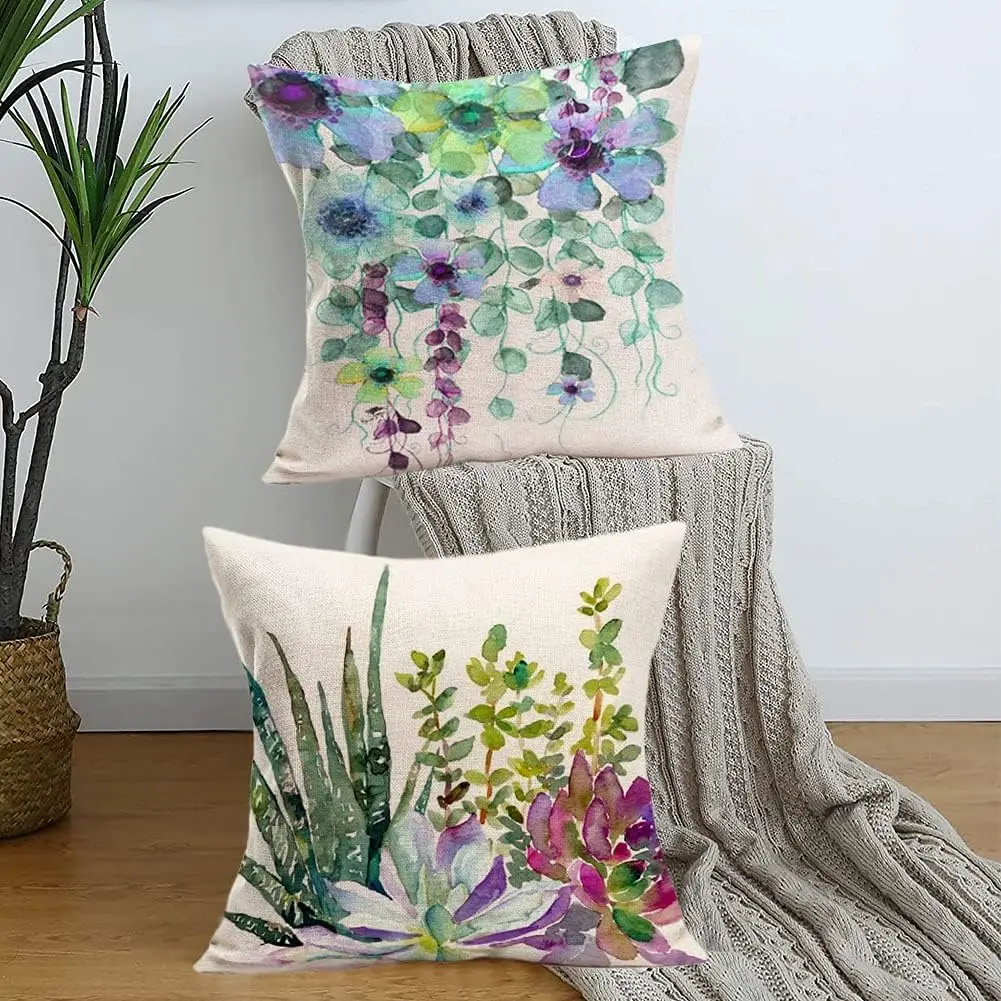 Funda de almohada cuadrada de lino، cubierta de cojín de planta verde، decoración para el hogar، sofá cama al aire libre #5