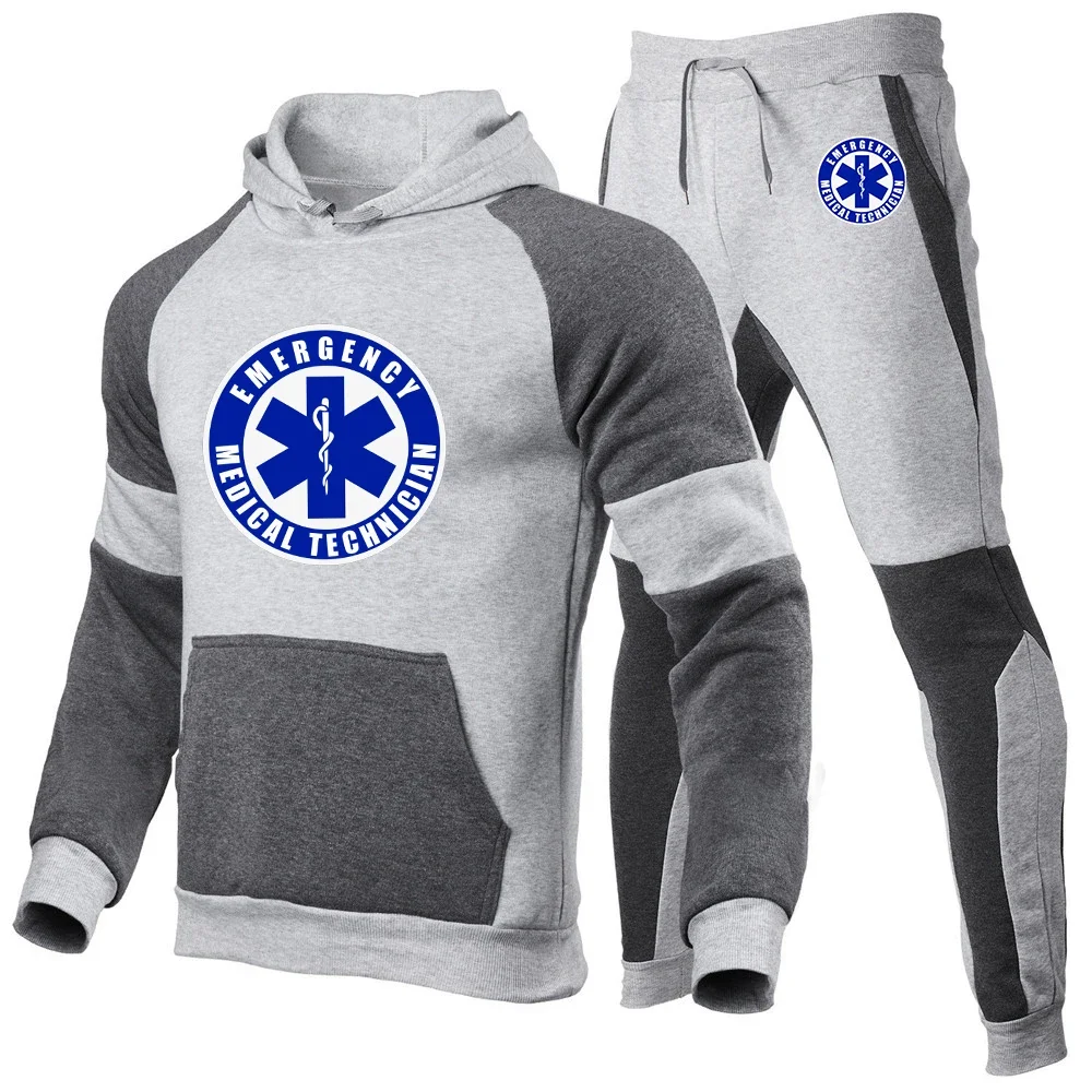 EMT Paramedic Emergency Medical 2023 New Men\'s Sportswear 2-piece sets Street Fashion fallow splice hoodie +trousers Suits