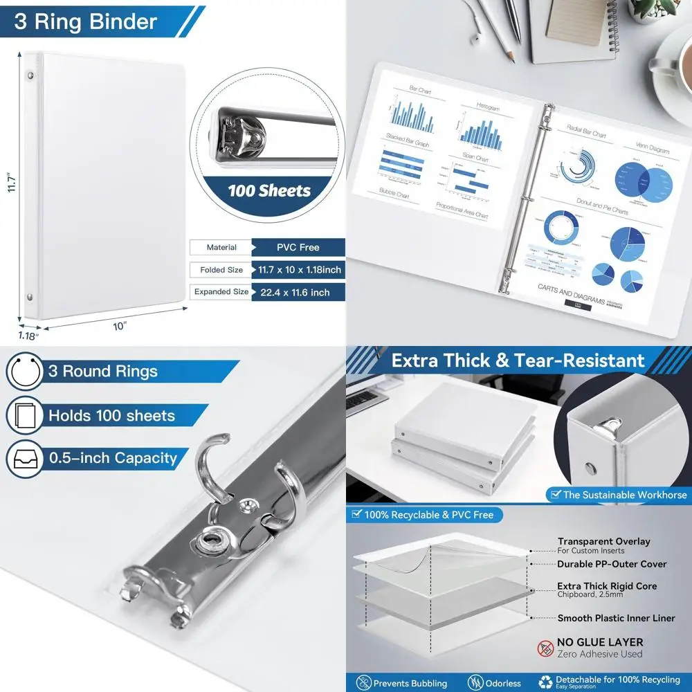 

0.5 Inch 3-Ring Binder, Round Ring, Large Capacity, Holds 100 Sheets, 8.5x11 Inches, White (36 Pack)