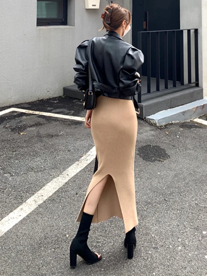 Faionable ort PU Leather Jaet Women's Biker Sle Bubble Sve Spring Autumn New Arrival Ele Top Ladieswear