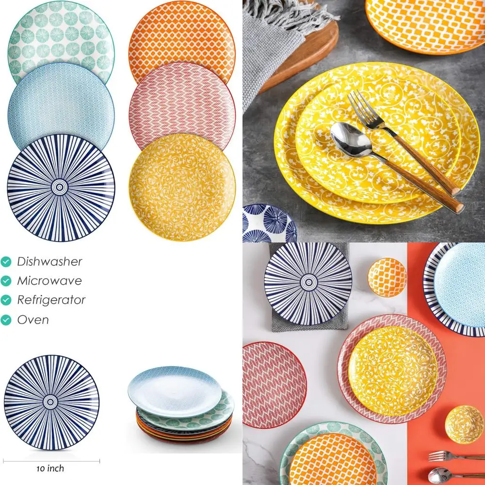 

10 inch porcelain dinner plates, large size serving plate for salad, pancakes, steak, set of 6, assorted colors