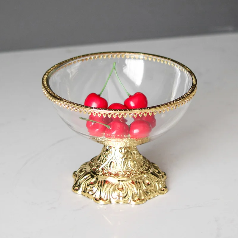 

High Footed Glass Fruit Plate, Round Transparent Glass Bowl, Tableware, Snacks, Metal Tray, Dessert Bowl, Kitchen Supplies