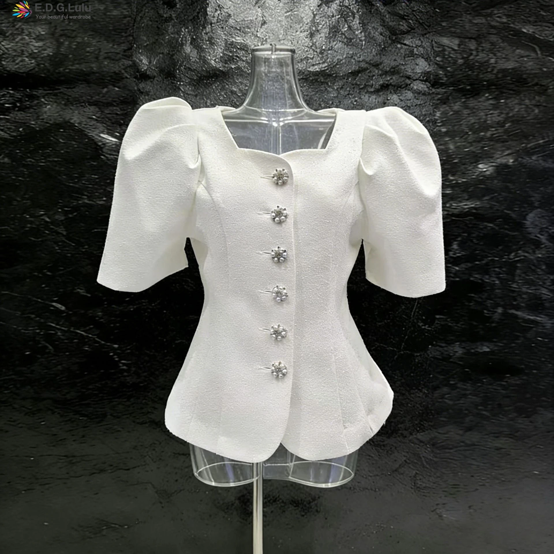 EDGLuLu Elegant Office Lady Square Neck Puff Sleeve White Top Women Single Breasted Slim Blouse 2026 New 0414