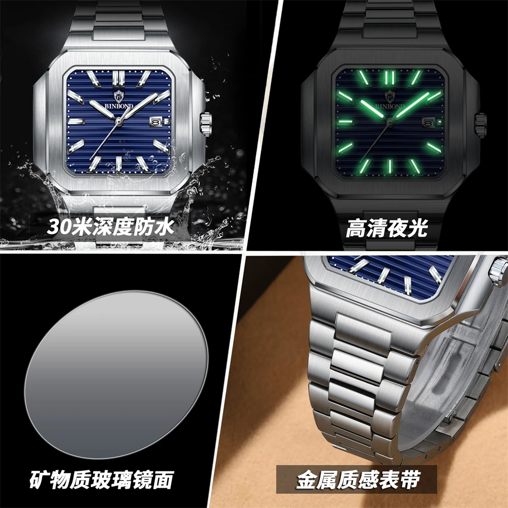 Binbond luxo quadrado esporte homem relógio de pulso à prova dwaterproof água luminosa cronógrafo quartzo relógios masculinos aço inoxidável reloj