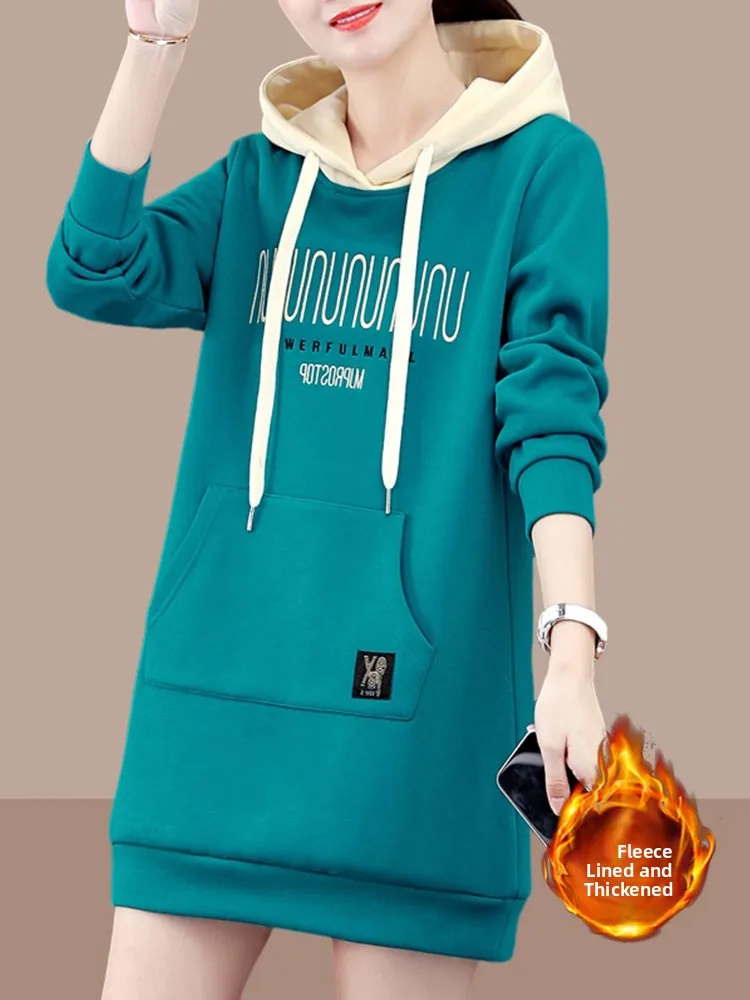Korean Sle Faionable Loose Versatile ket Mid-Length Design Jaet Hooded Color Blo Fce Thi Large Size Sweatirt
