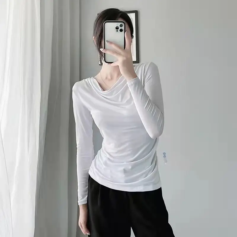 Spring Autumn New Net Yarn Slim Bottoming Shirt Long Sleeve Pleated Solid Color Thin Tops Tees Vintage Office Women Clothing