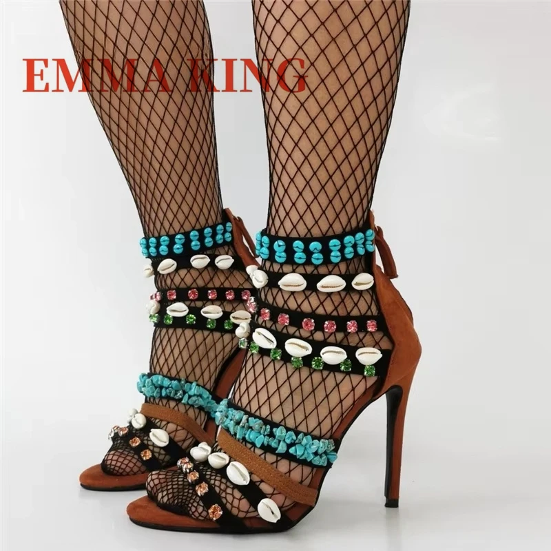 قذيفة كريستال ديكور خنجر الصنادل الصيف النساء فو الجلد المدبوغ صنادل طراز جلاديتور موضة حجر الراين فستان الحفلات أحذية 44 #4