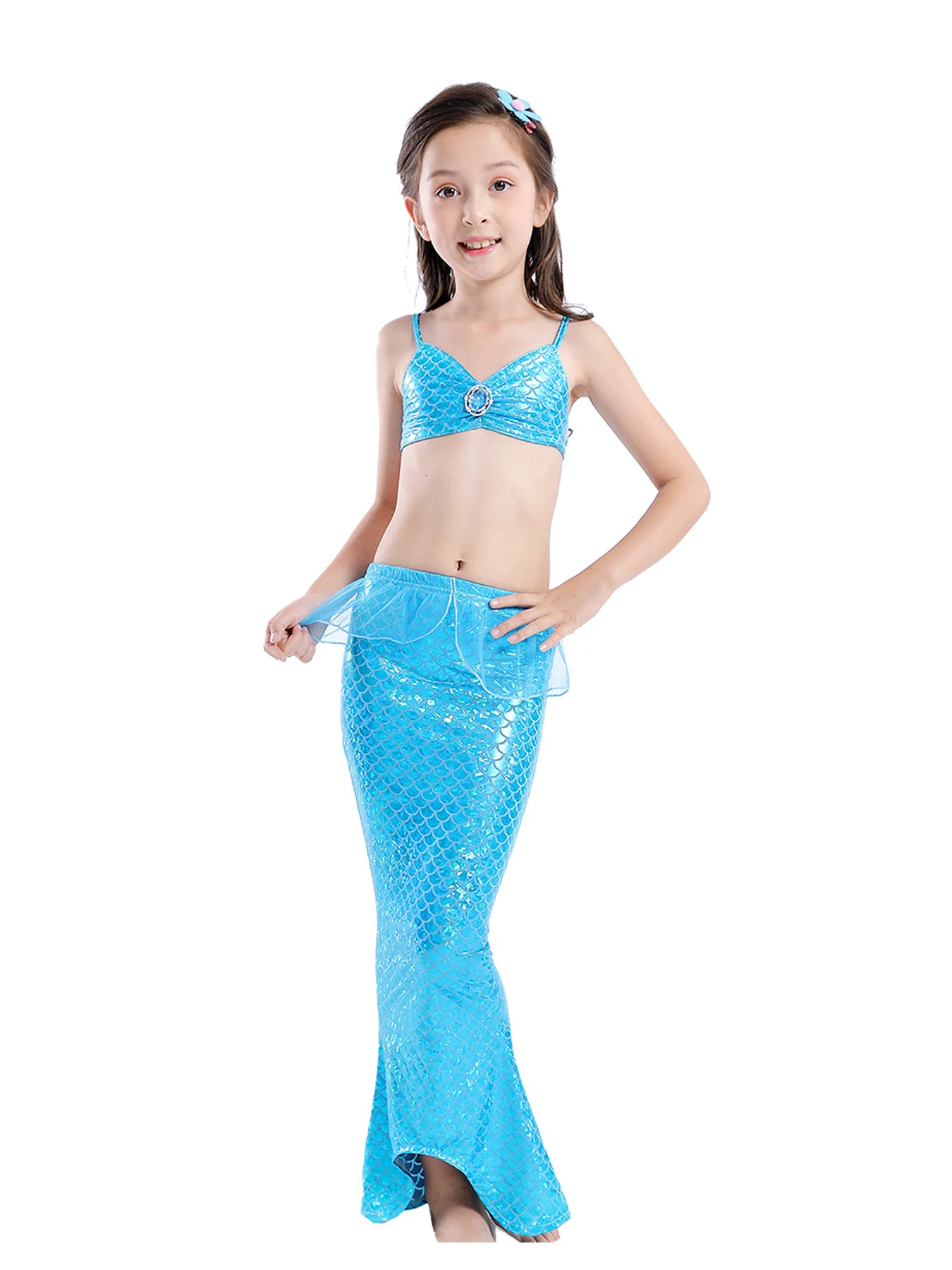 

Girls' Blue Three-Piece Swimsuit Mermaid Strap Shorts Tail Children's Swimwear