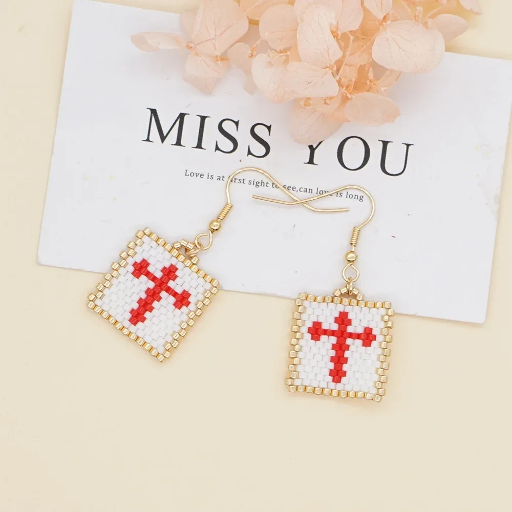 

Fringe Earrings Hand knitting Bohemia Beading Simple cross Retro fashion geometry alloy ma'am Rice Bead Earrings