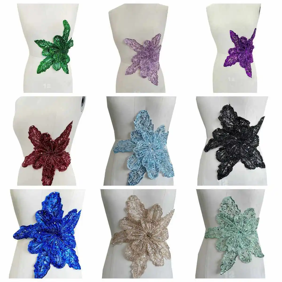 

Heavy Beadwork Sparkling Sequins Trims 3D Floral Applique Patches for Costume Evening Dress Prom Gown Decorations Accessories
