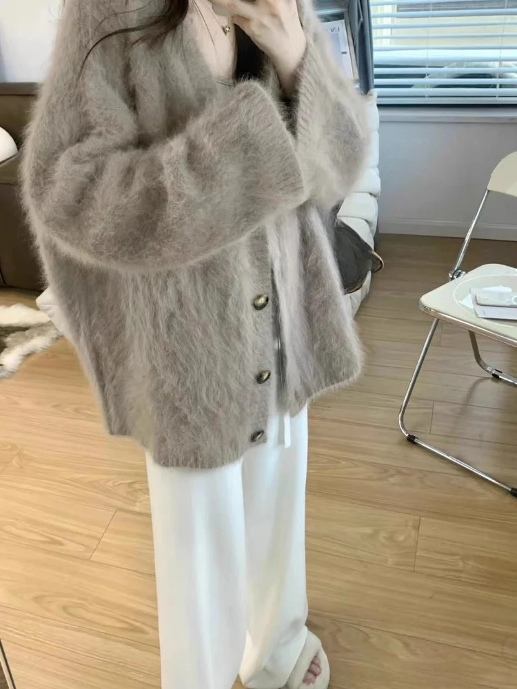 Herfstkleding Harig vest Jassen V-hals Alle Match Sueter Mujer Koreaanse Pull Femme Mode Gebreide trui met enkele rij knopen