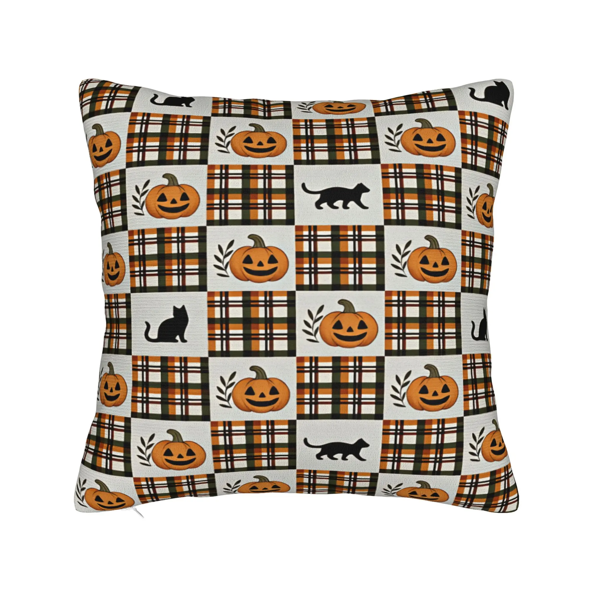 Pillow Case Halloween Plaid Black Cat Pumpkin Checkered Seamless Pattern Comfy  Pillow Cover For Office Car Home Decor Cute
