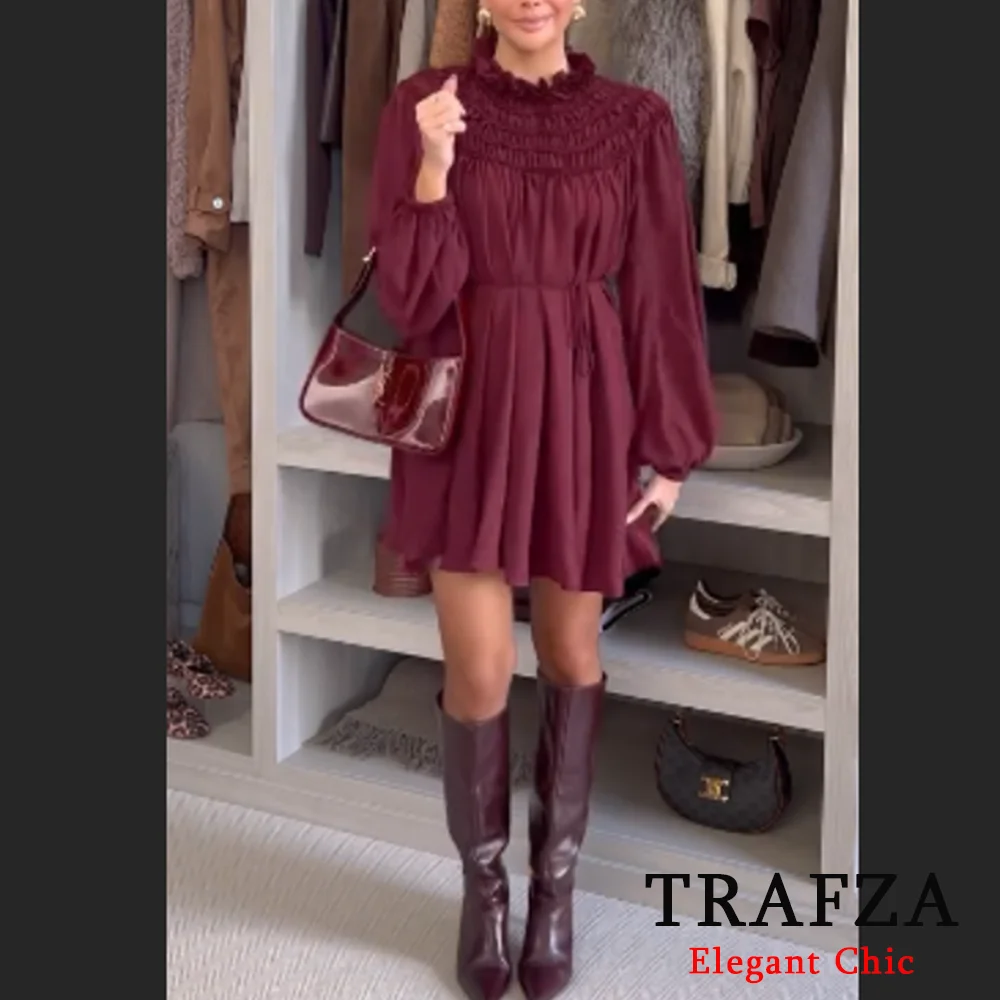 TRAFZA-Women Romantic Burgundy Dress Ruffled Collar Loose A-line Dress New 2025 Fashion Spring Fall Glamorous Dinner Date Dress