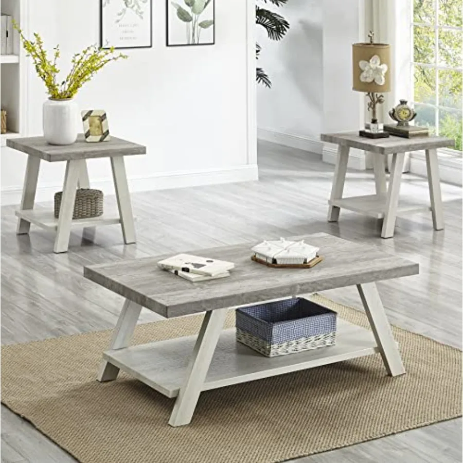 

Athens Contemporary 3-Piece Wood Shelf Coffee Table Set, Weathered