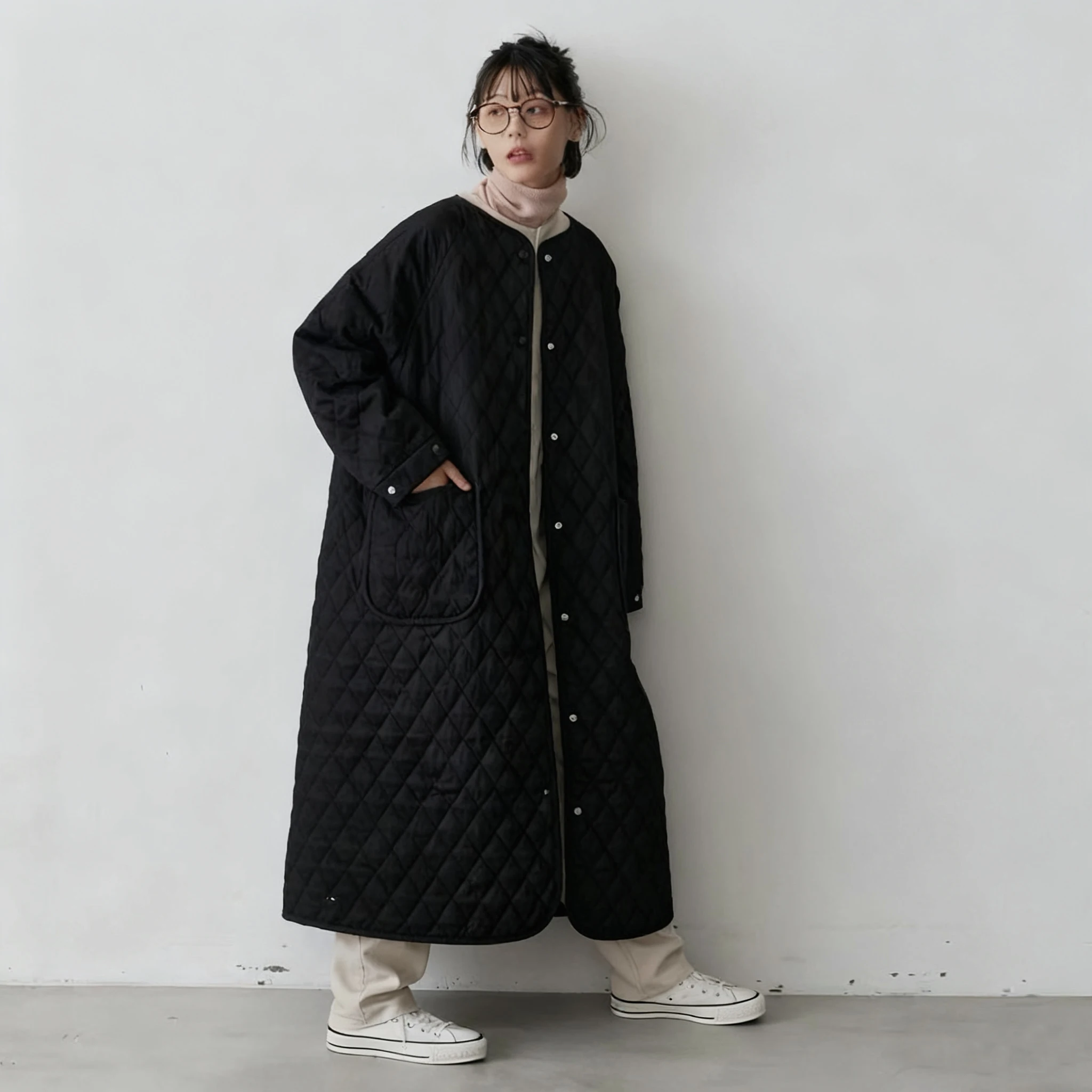 

SuperAen, свободная повседневная куртка большого размера в японском стиле, осень и зима 2025, новое утолщенное длинное пальто с хлопковой подкладкой и ромбовидным узором