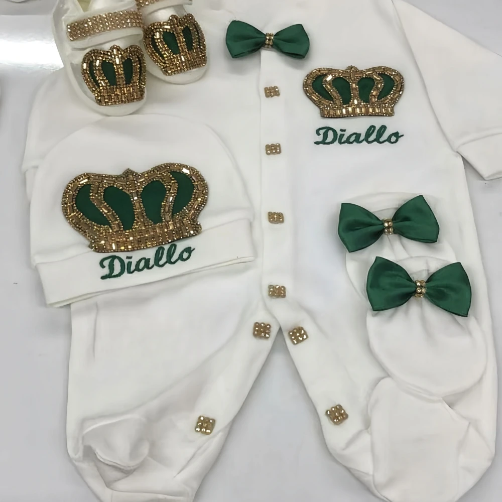 Dollbling Emerald Newborn Baby Boy Personalized Name Outfits 4pcs Origin Turkey Welcome Home Hospital Crown Jewelry Romper Set