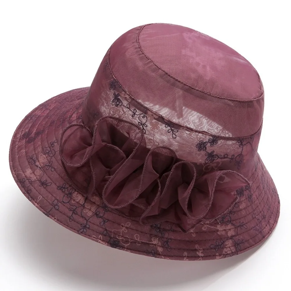 Portable Flower Sun hat Wide Brim Organza Middle-aged Fisherman Hat Foldable Breathable Thin Basin Hat