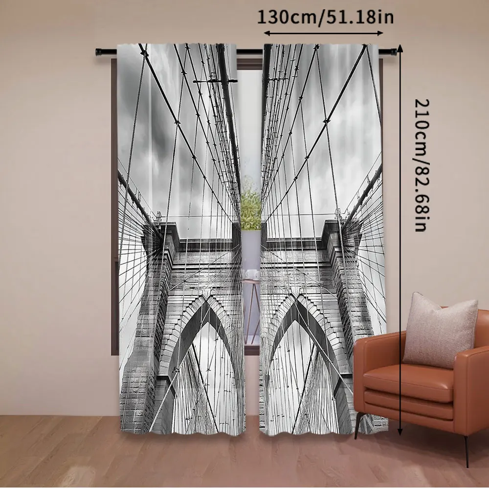 2Pcs Landscape Curtain Usa New York Brooklyn Bridge Cityscape Scenery Suitable For Bedroom Bathroom Living Room Dining Room