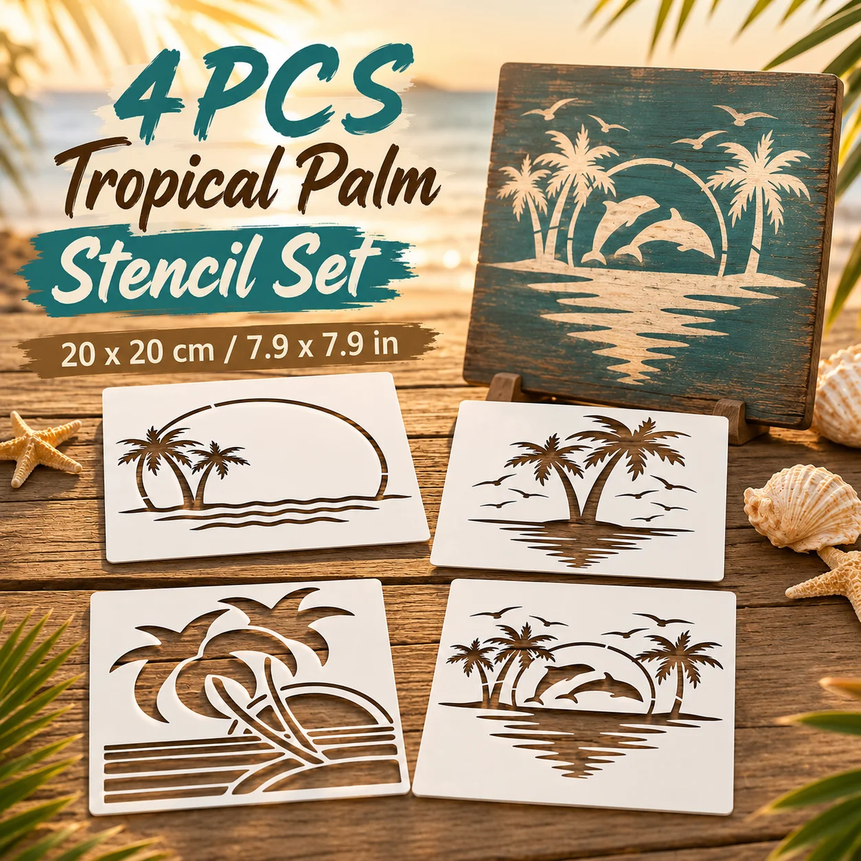 4PCS 7.9 x 7.9 in Palm Tree Stencils Set Tropical Beach Painting Templates for DIY Wood Wall Fabric Crafts Coastal Decor