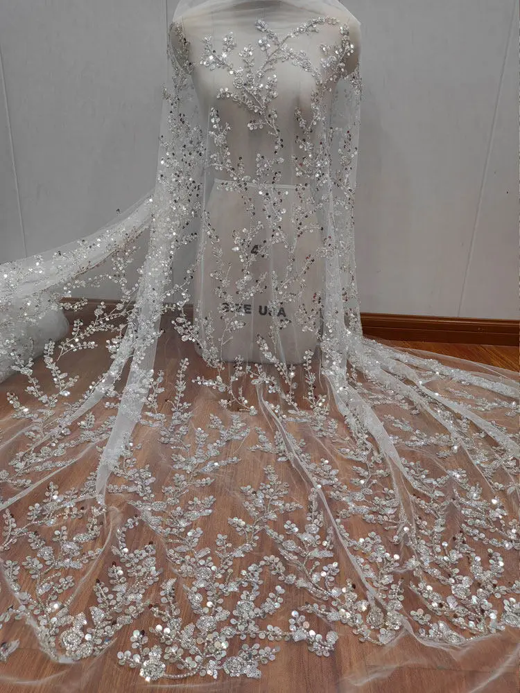 

3D Beaded Sequins Embroidery Branch Lace Tulle Soft Lace Trim for Bridal Gowns DIY Wedding Dress Embellishments Fabric